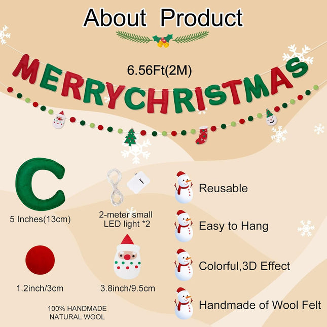 Pre-Strung Merry Christmas Banner, Christmas Felt Fabric Banner(with Lights), Red and Green Felt Ball Garland Reusable Christmas Decorations Indoor Outdoor, Fun Xmas Party Supplies