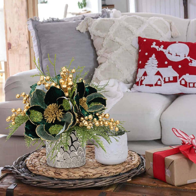 12 inch Green Christmas Table Centerpiece 5" Glitter Magnolia Flower and Golden Berries Fir Greenery Artificial Christmas Floral Centerpiece in Ceramic Pot Christmas Tabletop Arrangement Decor