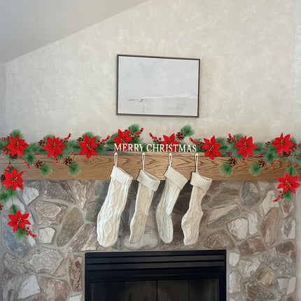 Christmas Garland 6.8FT Real Touch Norfolk Pine Garland Poinsettia Christmas Mantle Garland with 30 Lights Red Berry Cones for Fireplace Party Holiday Door Table Staires Railing Decor
