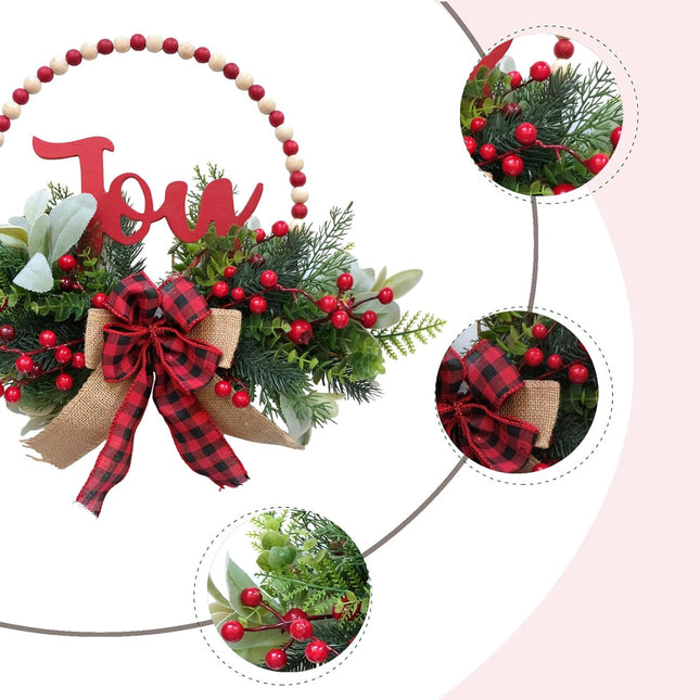 Tempus 16” Christmas Wreaths for Front Door Wooden Beads Welcome Decoration Wreath with Pine Needles Berries Bow Farmhouse Welcome Sign for Home,Farmhouse, Holiday Party, Interior Decoration