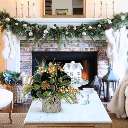 12 inch Green Christmas Table Centerpiece 5" Glitter Magnolia Flower and Golden Berries Fir Greenery Artificial Christmas Floral Centerpiece in Ceramic Pot Christmas Tabletop Arrangement Decor