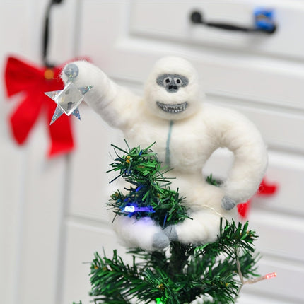 Christmas Tree Topper, Abominable Snow Monster Christmas Tree Ornament, Handmade Abominable Chimpanzees Hugger with Star, Xmas Tree Topper for Christmas Tree Ornament Decoration (White)