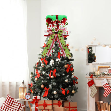 Christmas Tree Topper Hat with Bow, Large Christmas Tree Topper with Elf Legs and Red & Green Polka Dot Bow, Tree Toppers Christmas Decorations for Winter Holidays