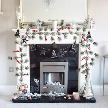 Artiflr 6 feet Christmas Pine Garland with Needles Berries Frosted Pinecones Winter Artificial Greenery Garland for Holiday Season Mantel Fireplace Table Runner Centerpiece Decoration