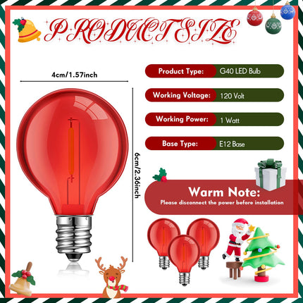 LEIFIDE 25 Pcs G40 Light Bulbs G40 LED Replacement Light Bulb 1W G40 Globe Bulb Plastic Bulb E12 Base Christmas Round Replacement Bulb for Outdoor Indoor Patio String Lights Xmas (Red)