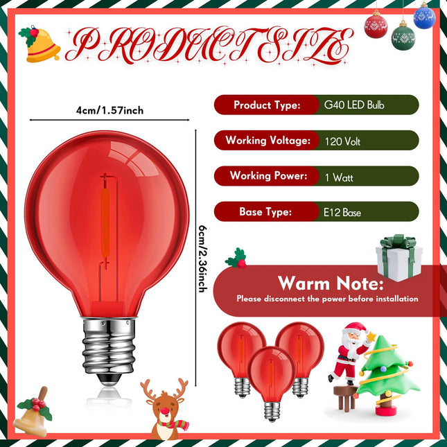LEIFIDE 25 Pcs G40 Light Bulbs G40 LED Replacement Light Bulb 1W G40 Globe Bulb Plastic Bulb E12 Base Christmas Round Replacement Bulb for Outdoor Indoor Patio String Lights Xmas (Red)