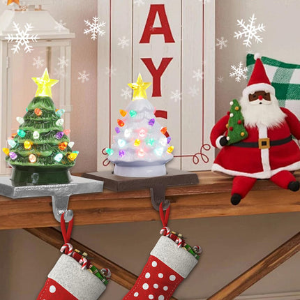 Ceramic Christmas Tree Stocking Holders for Mantle, Set of 2 Christmas Tree Stocking Hangers with LED Light for Fireplace, Green White Christmas Tree Stocking Hangers for Window Christmas Decoration