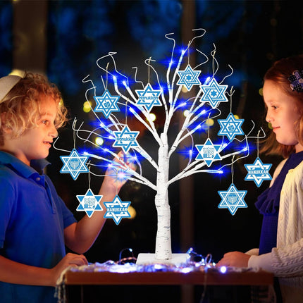 24'' Hanukkah LEDs Lighted Birch Tree with 12pcs Ornaments,Blue Lights Tabletop Pre Lit Tree Light for Christmas Hanukkah Decor