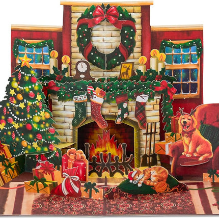 Christmas Fireplace Pop Up Card, Cat and Dog, Christmas Tree, Wreath, Garland, s, Stockings, Cozy 3D Greeting Card, Ideal for Cat and Dog Person, Family, Friends, 5x7