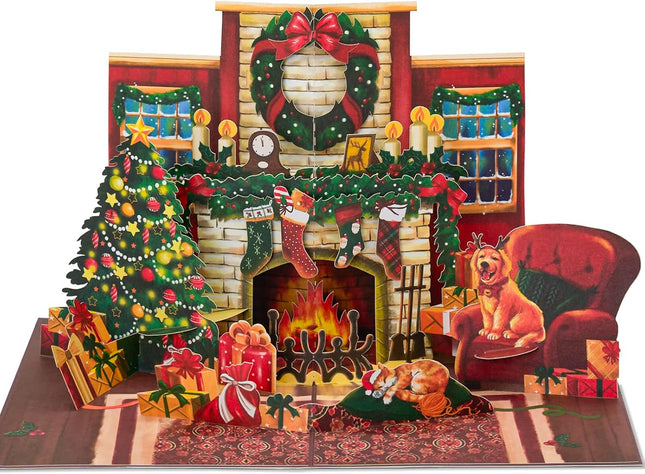 Christmas Fireplace Pop Up Card, Cat and Dog, Christmas Tree, Wreath, Garland, s, Stockings, Cozy 3D Greeting Card, Ideal for Cat and Dog Person, Family, Friends, 5x7