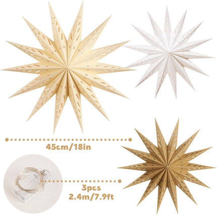 PAPER JAZZ 3 Pcs Christmas 3D Paper Star Lantern 9 Pointed Brown Hanging 12 Inch Beige Star Paper Lantern with String Light White Hollow Star Paper Lamp for Xmas Wedding Birthday Party Decorations