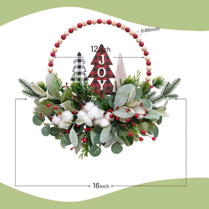 16” Welcome Wreaths for Front Door Wooden Beads Christmas Decoration Wreath with Lamb's Leaves Pine Needles Cotton Farmhouse Welcome Sign for Walls, Farmhouses, Holiday Party, Indoor Decorations