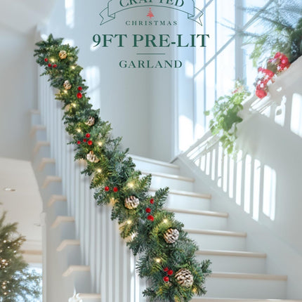 9FT Pre-lit Christmas Garland- with Red Berries & Pine Cone, Holiday Artificial Decor for Stairs Wall Door Indoor, Battery Operated Outdoor Garland with Timer