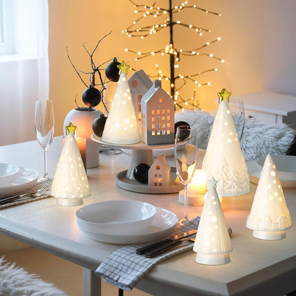 Nuenen 8 Pcs Lighted Ceramic Christmas Tree LED White Decorations Christmas Tree with Lights Winter Porcelain Christmas Village Sets for Tabletop Shelf Mantle Cabinets Office Desktop Decor
