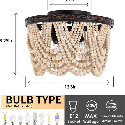 Boho Wood Beaded Chandelier, Bohemia 3 Lights Flush Mount Ceiling Light Fixtures With Engraving Pattern, Farmhouse Chandeliers For Living Room Passway Foyer Entryway Hallway Nursery, Oil Rubbed Bronze