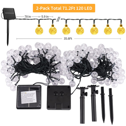 2-Pack 120 LED 72FT Solar Lights Outdoor Waterproof, Crystal Globe Lights with 8 Lighting Modes, Solar Powered Patio Lights for Garden Yard Porch Wedding Party Decor (Warm White)