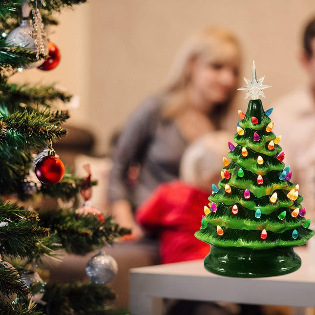 13 Inch Ceramic Christmas Tree, Lighted Tabletop Santa Claus Christmas Tree with Multicolored Lights and Star, Prelit Battery Operated Vintage Ceramic Tree for Office Table Holiday Decorations