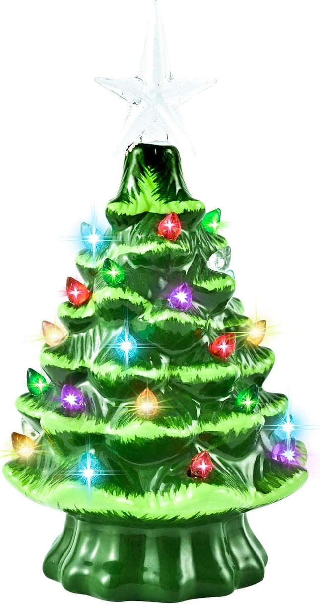 GIVERARE Ceramic Christmas Tree with 4H Timer, 8” Pre-Lit Hand-Painted Tabletop Xmas Decor with 32 Multicolored Lights & Top Star, Centerpiece for Holiday, Party, Ornaments-Green
