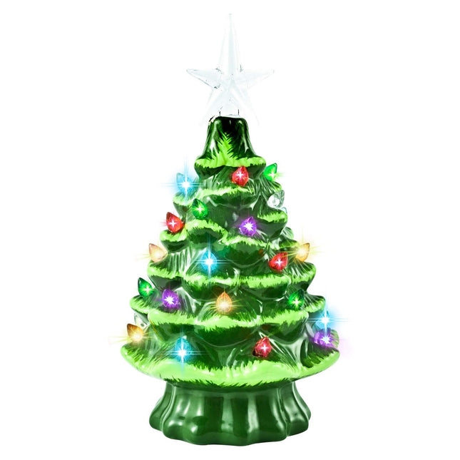 GIVERARE Ceramic Christmas Tree with 6H Timer, 8” Pre-Lit Hand-Painted Tabletop Xmas Decor with 32 Multicolored Lights&Top Star, Retro Centerpiece for Holiday, Party Supplies, Decoration