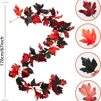 PARTY JOY 6PCS Black Red Leaf Garland, 5.6Ft Halloween Garland Artificial Maple Leaf Autumn Garland Hanging Fall Vines Table Decorations for Thanksgiving Front Door Decorations Fall Decor