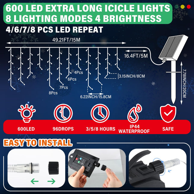 Retisee 65ft Solar Icicle Light for Outdoor 600 LED Waterproof Xmas Solar String Light Solar Powered Icicle String Lights for Outside Indoor Yard Porch Hanging Decor(Colorful)