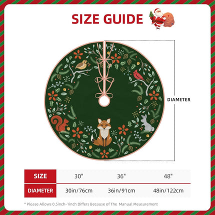 Woodland Wreath Holly Green Christmas Tree Skirt, Linen Xmas Tree Skirts Mat for Holiday Party Decorations Supplies Rustic Mini Tree Skirt - 36 Inches