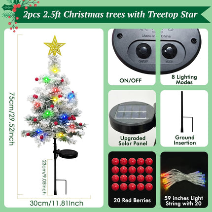 OurWarm 2Pcs Solar Christmas Tree Outdoor Christmas Decorations, 30Inch Flocked Christmas Tree with 40 LED, Prelit Mini Small Christmas Tree with Lights for Grave Cemetery Pathway Garden Yard Decor