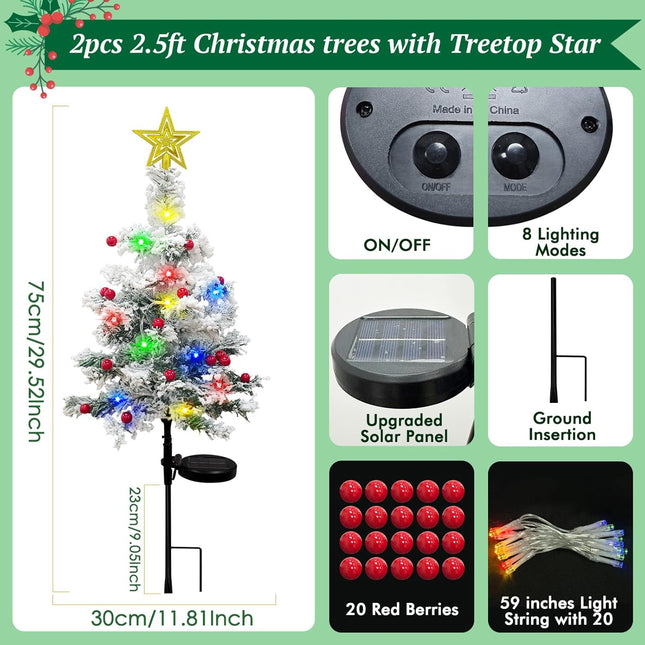 OurWarm 2Pcs Solar Christmas Tree Outdoor Christmas Decorations, 30Inch Flocked Christmas Tree with 40 LED, Prelit Mini Small Christmas Tree with Lights for Grave Cemetery Pathway Garden Yard Decor