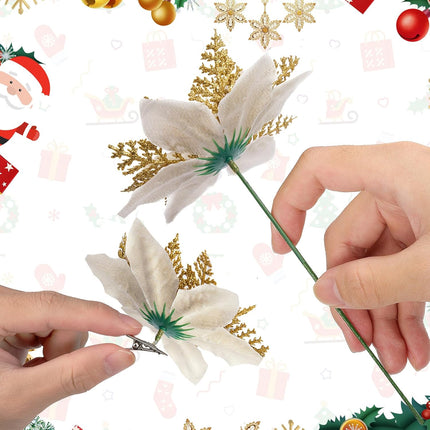 Glitter Poinsettia for Christmas Tree, 12 Pcs Artificial Christmas Flowers with Clips Stems Xmas Tree Ornaments for Wedding Party Wreath Decoration (Gold)