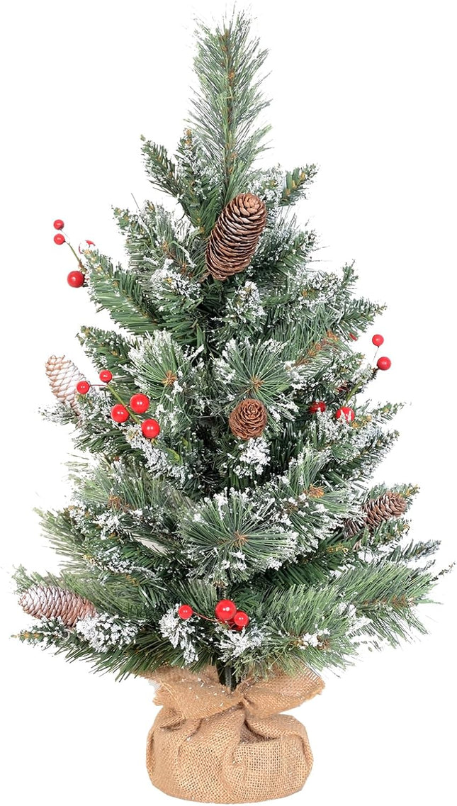 2ft Mini Christmas Tree with a Burlap Base, Unlit Artificial Small Tabletop Christmas Tree, Cashmere Snowy Table Fake Xmas Trees with a Cloth Bag Base, Green, Snow