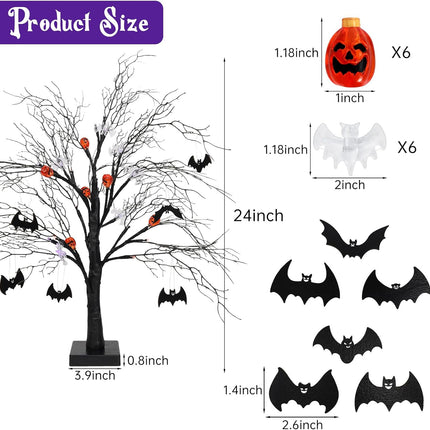 24Inch Black Halloween Spooky Tree with Purple & Orange Lights,Lighted up Halloween Decorations,Halloween Tabletop Decor with Pumpkin & Bat Ornaments for Indoor Home Party Deco