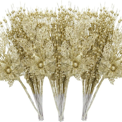 ROSELEAF 28 Pack Artificial Glitter Berry Stem Ornaments, Gold Christmas Ornaments Flower Branches Picks for Xmas Tree Decoration Decor Small Vase Home Holiday Wedding Party Decor