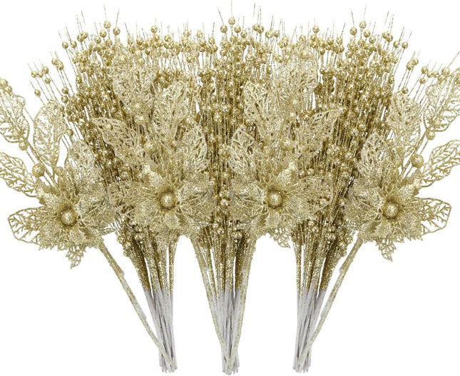 ROSELEAF 28 Pack Artificial Glitter Berry Stem Ornaments, Gold Christmas Ornaments Flower Branches Picks for Xmas Tree Decoration Decor Small Vase Home Holiday Wedding Party Decor
