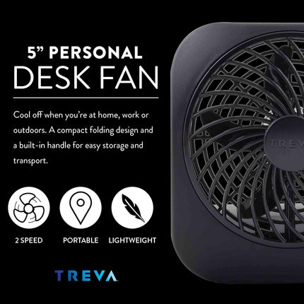 O2Cool Treva 5 Inch Battery Powered Fan Portable Desk Fan 2 Cooling Speeds With Compact Folding Tilt Design Small Fan Cubicle