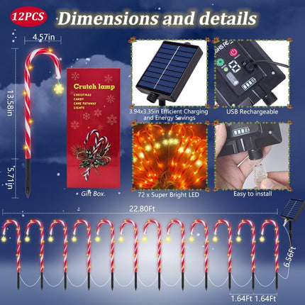 Candy Cane Lights Christmas Decorations, 12 Pack Solar Candy Cane Pathway Lights with 8 Modes and Timer, 72 LED Bright 1200mah Battery, Waterproof Christmas Candy Cane Solar Lights for Outside
