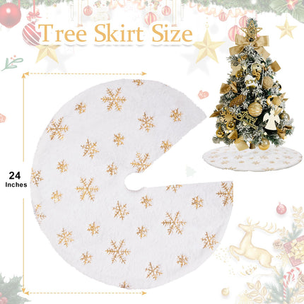 White Faux Fur Tree Skirt Gold Sequin Snowflakes Tree Skirts 24 Inches Mini Christmas Plush Tree Skirts Xmas Ornaments Decorations