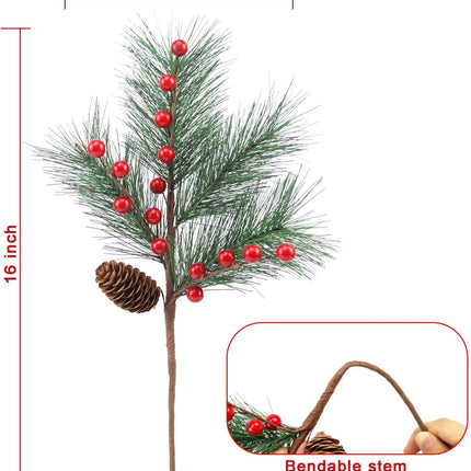 6 Pack Christmas Berries Pine Picks Christmas Flowers Artificial Red Berry Pine Branches Long Faux Pine Stems with Pinecones for Xmas Tree Wreath Floral Arrangement DIY Crafts Holiday Decor