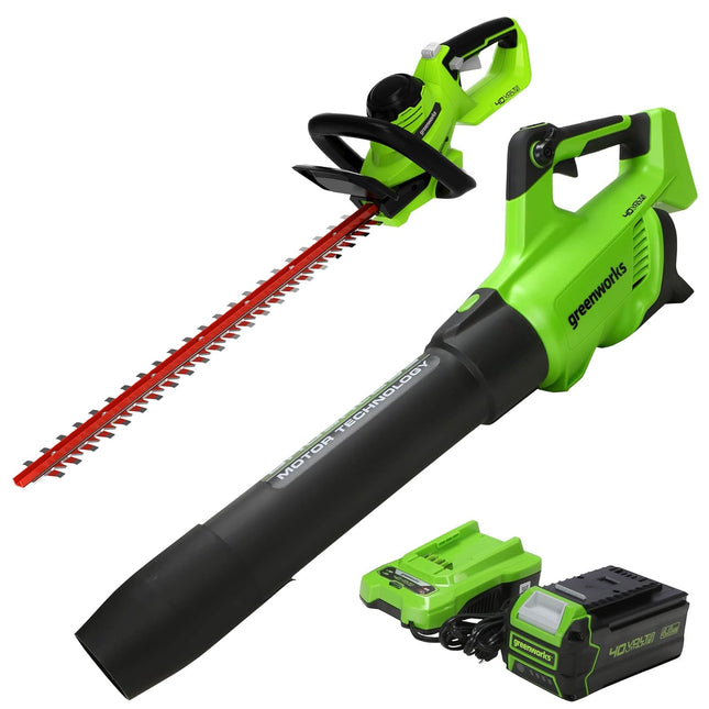 GreenWorks 40V (550 CFM / 130 MPH) Brushless Axial Leaf Blower 4Ah USB Battery and Charger with 40V Hedge Trimmer