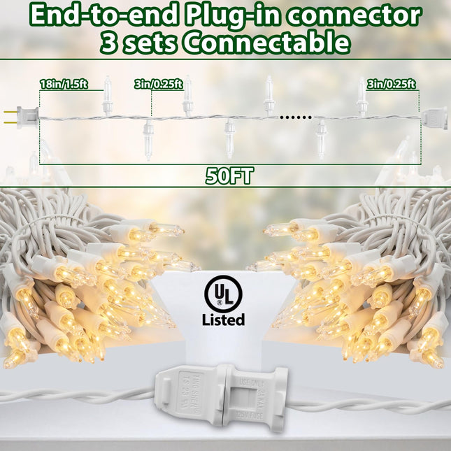 Clear Christmas Lights 50FT 200 Incandescent Bulbs Warm White Mini Lights with White Wire for Christmas Tree, Garland, Thanksgiving, Wedding, Party, Home, Indoor & Outdoor Festival Decoration