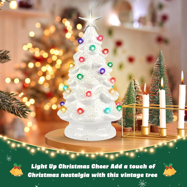 Lighted Ceramic Christmas Tree Vintage Tabletop Christmas Decoration, Maansfy White Christmas Tree with Multi Color Lights Decorative Tabletop Figurine, 12 Inches