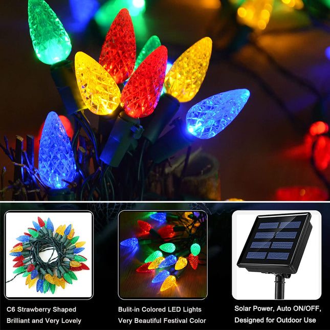 HUGSVIK 39Ft 100 LED Solar C6 Christmas Lights Outdoor, 8 Modes Solar Christmas Strawberry Lights, Waterproof Outdoor Solar Christmas String Lights for Xmas Tree, Holiday, Garden, Patio, Arbor Decor