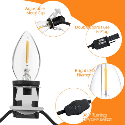 Meonum Accessory Cord with 9 LED Light Bulb, 16.4Ft C7 Christmas Village Lights Cord with Clip, Blow Mold Lights for Halloween Christmas Village Houses, Pumpkin Skeleton Holiday Decoration (Black)