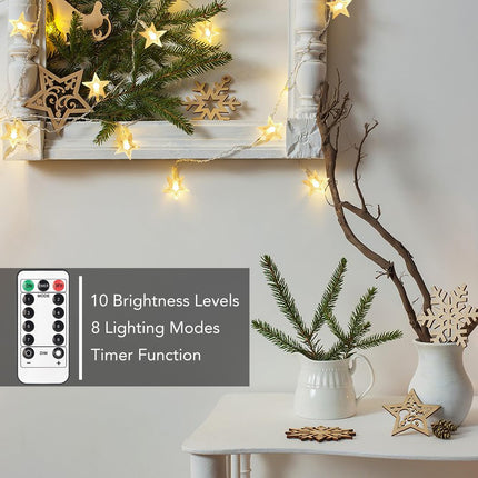 Star String Lights Battery Operated Waterproof 40 LED 20 FT Star Fairy String Lights with Remote Control for Home, Party, Christmas, Wedding, Garden Decoration, Warm White