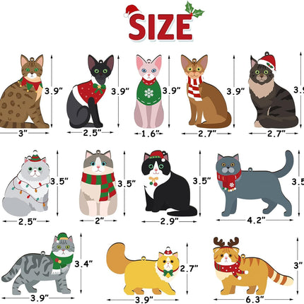 12pcs Christmas Cat Ornaments Wooden Kitty Hanging Ornaments with Christmas Hat and Scarf for Christmas Tree Winter Home Decor Cat Themed for Cat Lovers