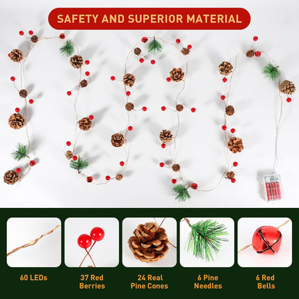 Christmas Garland with Lights, 60 LED 9.8 Ft Garland Pine Cones Red Berry String Light, 8 Modes Battery Operated Lighted with Remote&Timer for Mantle, Entryway, Christmas Home Decorations