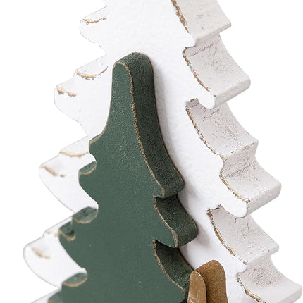 Farmhouse Tabletop Christmas Tree Decorations 10 Inch, Distressed White and Green Rustic Small Wooden Christmas Trees for Entryway Living Room Bedroom, Halloween Tables Centerpieces