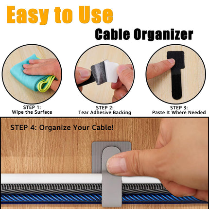 Hook and Loop Cable Management Under Desk, 80PCS Self Adhesive Cable Ties, Reusable Wire Organizers for Cords, Hooks for Outdoor String Lights, Christmas Light Clips (White)