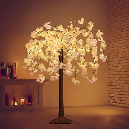 OUSHENG Lighted Cherry Blossom Tree LED Artificial Trees for Decoration Inside, Light up Tree with Faux Flower for Home Patio Wedding Party Festival Christmas Decor, Warm White, 4FT