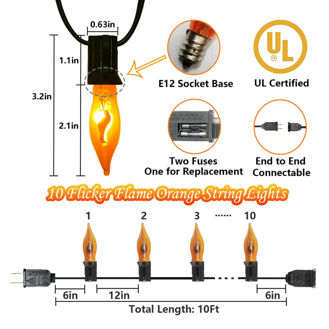 Halloween Flickering Orange String Lights Outdoor, 10Ft Flicker Flame Lights 10 C7 Flame Bulb Lights, Outside Halloween Lights Plug in for Indoor Balcony Patio Party Christmas Halloween Decorations