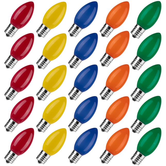 Brightown 25 Pack Multicolor C9 LED Christmas Light Bulbs, Colored Plastic C9 Shatterproof LED Bulbs Replacement for Christmas String Lights, E17 Intermediate Base, Commercial Dimmable Holiday Bulbs